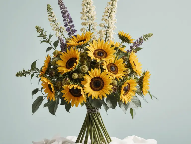 Kukkakauppa Auringonkukkia Liperi palvelut - näyttävä kukkakimppu auringonkukista, vihreistä oksista ja luonnonkukista vihreää taustaa vasten.