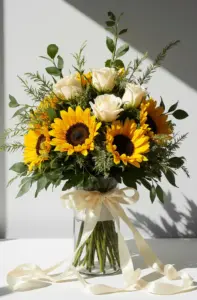 Morsiuskimppu auringonkukista ja valkoisista ruusuista lasimaljakossa. Maljakossa luonnonvalkea silkkirusetti.