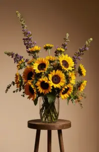 Auringonkukkakimppu lasimaljakossa kukkakauppa Auringonkukkia Liperi - tuoreet luonnonmukaisesti kasvatetut leikkokukat.