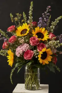 Kukka-asetelma auringonkukista ruusuista ja kesäkukista - kukkakauppa Auringonkukkia Liperi, luonnonmukaiset kukkakimput.