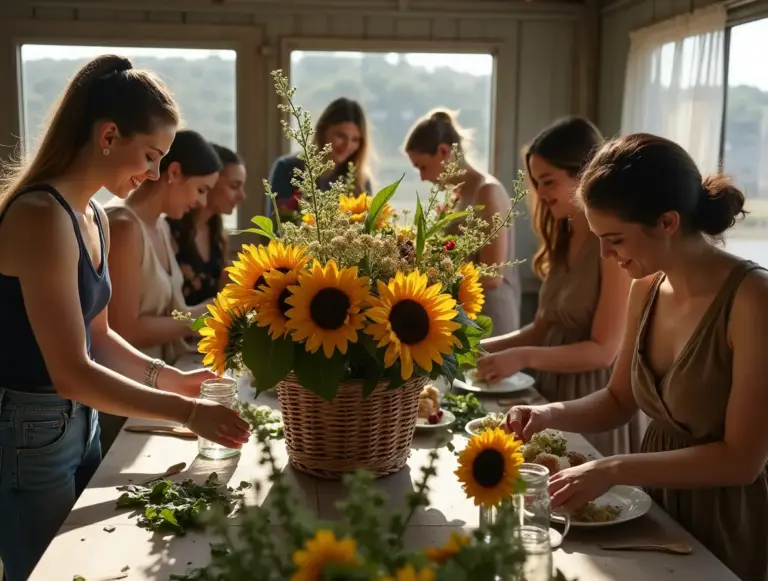 Kukkakauppa Auringonkukkia Liperi palvelut – kukkatyöpaja, jossa osallistujat valmistavat auringonkukkakoristeita yhdessä luonnonmukaisista kukista.