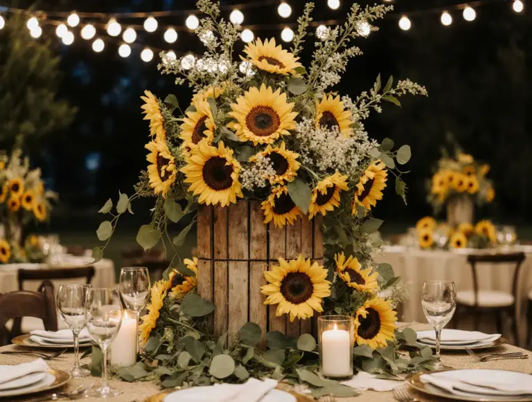Kukkakauppa Auringonkukkia Liperi palvelut – tapahtumakoristelu puisilla laatikoilla, auringonkukilla, vihreillä oksilla ja valkoisilla kukilla tunnelmavalojen alla.