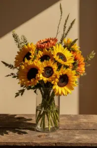 Keltaisista ja oransseista auringonkukista ja koristeheinistä tehty tuore kukkakimppu lasimaljassa.