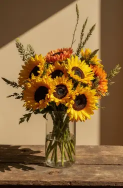 Keltaisista ja oransseista auringonkukista ja koristeheinistä tehty tuore kukkakimppu lasimaljassa.