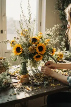Henkilö sitoo käsin auringonkukista ja luonnonkukista kimppua Kukkakauppa Auringonkukkia Liperi, järjestämässä Kukkaklubi työpajassa.
