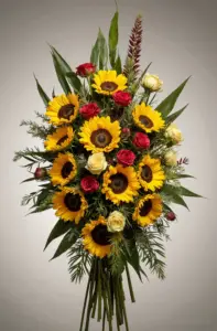 Hautajaiskukka-asetelma luonnonmukaisesti kasvatetuista auringonkukista ja ruusuista.