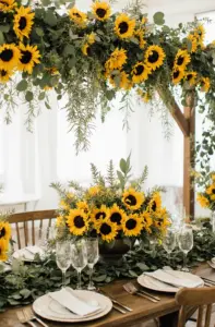 Hääkoristelu auringonkukilla kukkakauppa Auringonkukkia Liperi - juhla-asetelmat luonnonmukaisista kukista.