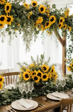 Hääkoristelu auringonkukilla kukkakauppa Auringonkukkia Liperi - juhla-asetelmat luonnonmukaisista kukista.